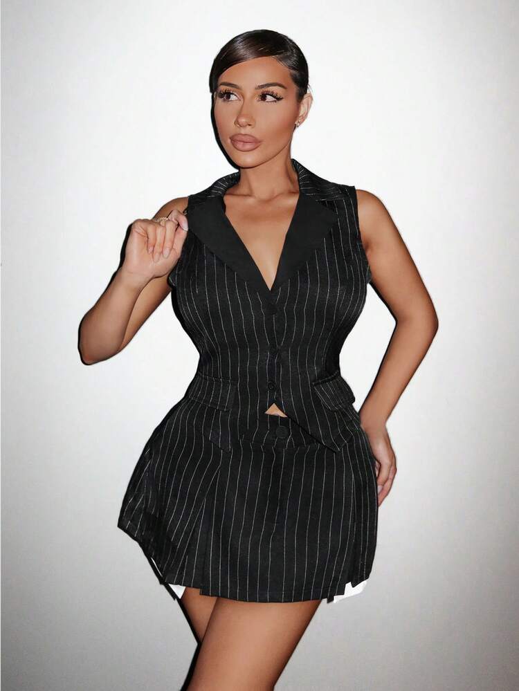 Striped Pleated Hem Mini Skirt For Women