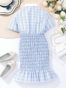Teen Girl's Plaid Short Sleeve Turn-Down Collar Shirred Dress - Blue - View 2