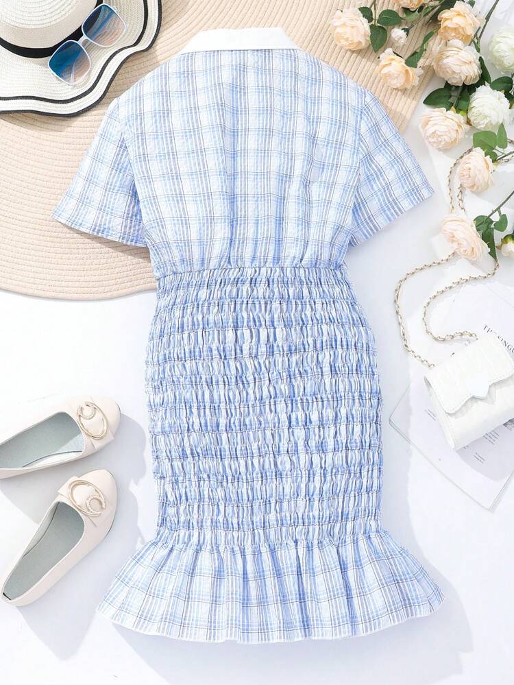 Teen Girl's Plaid Short Sleeve Turn-Down Collar Shirred Dress