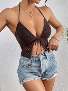 Chiquease Áo dệt kim không tay màu trơn khoét lỗ dành cho nữ, thích hợp cho các buổi hòa nhạc. - màu nâu - Xem 5