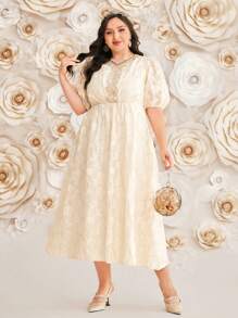 Modelyn Plus Size V-Neck Puff Sleeve Jacquard Dress Long Evening Dresses - Apricot - View 3