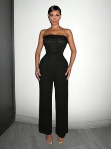 SHEIN SXY Women's Strapless Lace Splicing Wide-Leg Jumpsuit - Black - View 1
