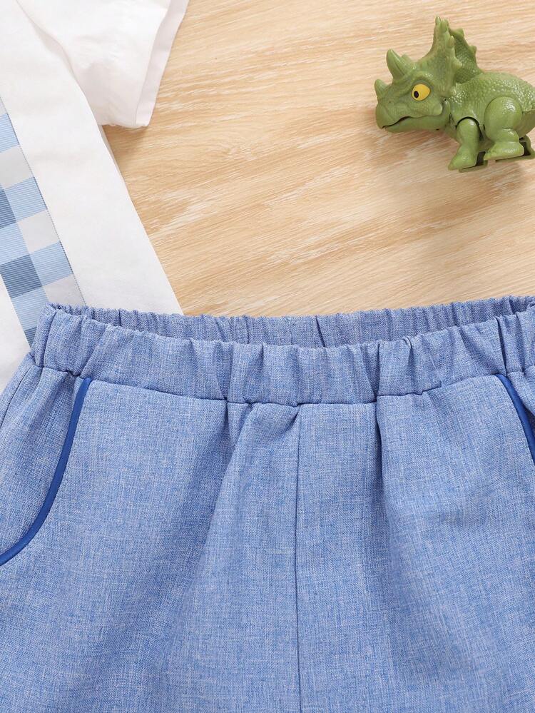 Baby Boy's Casual Gentleman Style Plaid Color Block Bowtie Short Sleeve Shirt With Elastic Waist Shorts Set