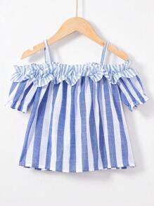 SHEIN Trẻ Cô gái Off-shoulder Sọc Ngắn tay Áo sơ mi Với Ruffled Cắt tỉa - Màu xanh lam - Xem 1