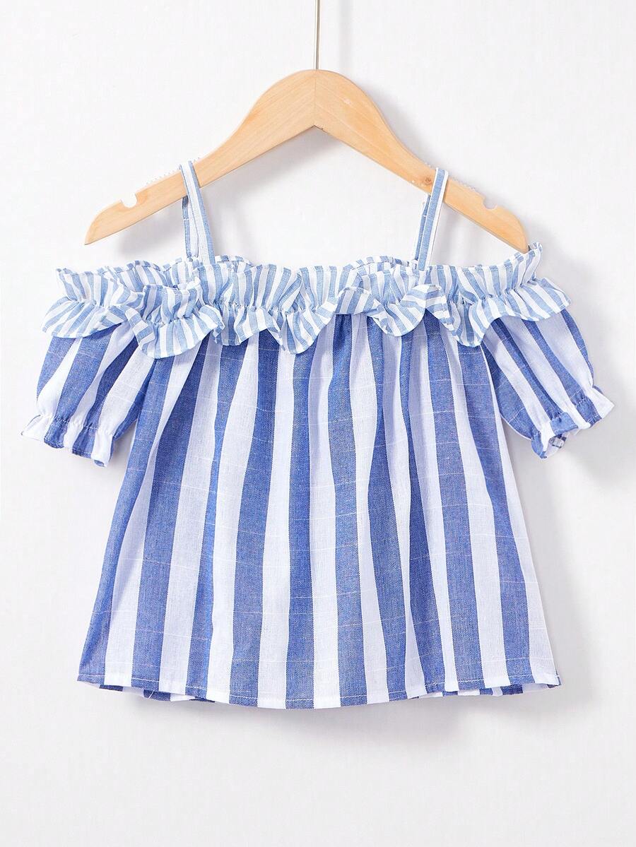 SHEIN Trẻ Cô gái Off-shoulder Sọc Ngắn tay Áo sơ mi Với Ruffled Cắt tỉa - Màu xanh lam - Xem 1
