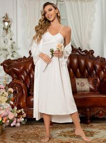 Women's Lace Trimmed Cami Nightgown And Robe Set, Sleepwear - White - View 3