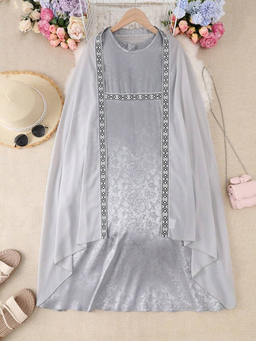 SHEIN 2pcs/Set Tween Girls' Geometric Patchwork Open Front Jacket And Sleeveless Dress - Baby Blue - View 1