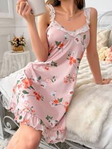 CottageSlumber Floral Print Lace Trimmed Spaghetti Strap Pajama Night Dress PerfectSummer