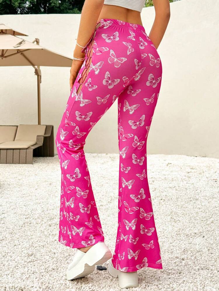 Women's Butterfly Printed Hollowed Out High Waist Slim Flare Pants With Tie