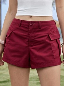 SHEIN EZwear Women's Red Weave Cargo Shorts - Burgundy - View 1
