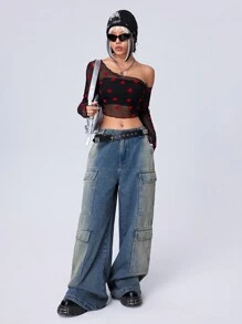 SHEIN EZwear 情人节女士红色心形网纱不对称领口荷叶边上衣，适合春夏穿着 - 黑色 - 查看 5