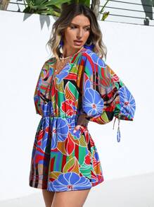 SHEIN VCAY 女士春夏休閒連身褲，腰間收縮和放鬆設計 - 紅色 - 查看 3