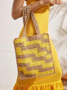 SHEIN VCAY Saco De Palha Para Mulheres Sem Fechamento Colorblock