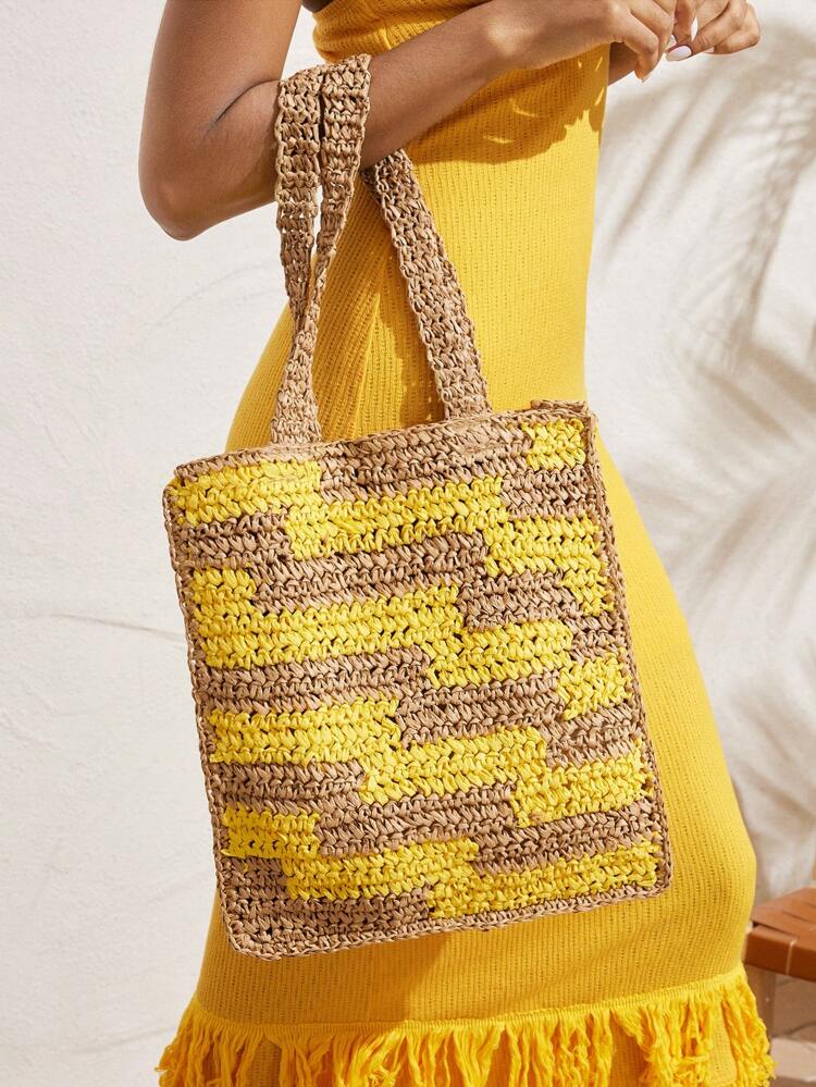 Colorblock No-closure Women's Tote Bag Straw Bag