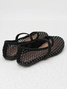 Tela De Malla Transpirable Negra, Con Patrón De Diamantes De Imitación Y Correa Elástica Aleatoria, Punta Redonda, Zapatos Planos Cómodos, Versátiles E Informales Para Niñas