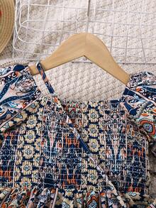 Young Girls' Printed Puff Sleeves Waist-Cinched Dress - Royal Blue - View 4