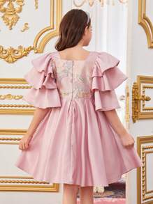 SHEIN Tween Girls' Floral Print Layered Ruffle Sleeve Dress With Square Neckline Design - Pink - View 2