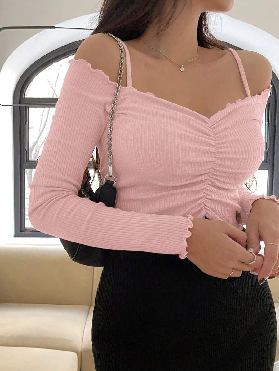 DAZY 女士紧身露肩T恤，荷叶边下摆，露肩长袖女式上衣，秋季女装可爱上衣 - 粉色 - 查看 1