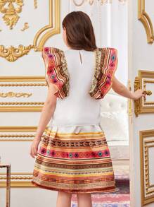 SHEIN Leap Crew Tween Girl Exaggerated Ruffle Sleeve Geometric Print Round Neck Shirt With Skirt Two-Piece Suit - White - View 2