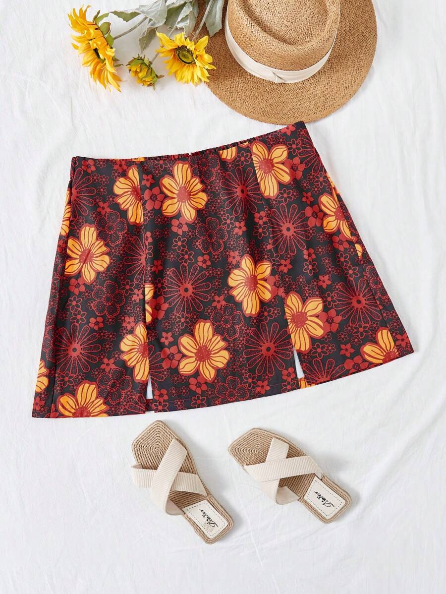Dreamara Plus Size Women's Floral Printed High Split Skirt