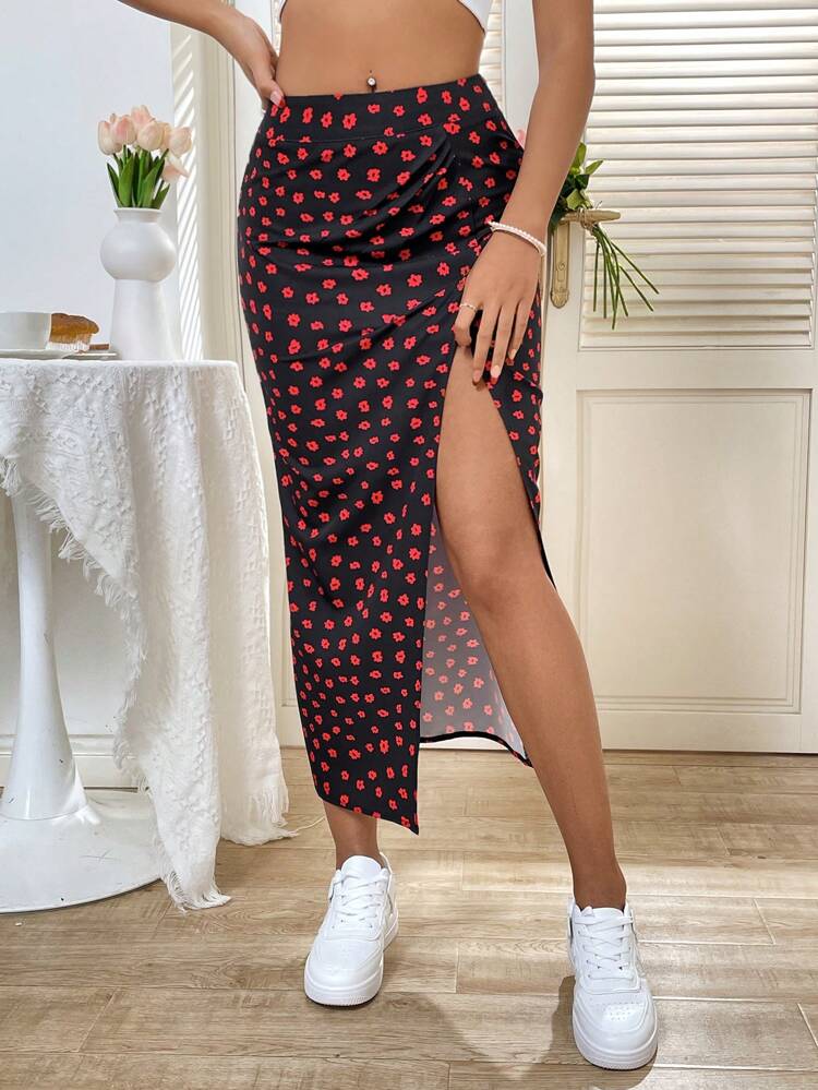 Floral Print Pleated And Slit Skirt Fall Cloth For Women