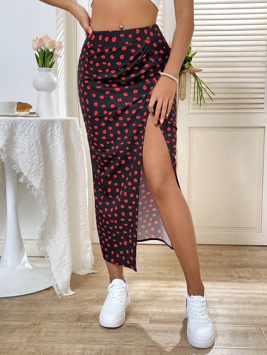 Breezaya Floral Print Pleated And Slit Skirt Fall Cloth For Women - Black - View 1