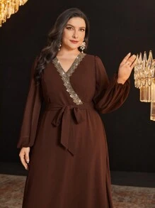 Modelyn Đầm dạ hội dài tay cổ chữ V tay đèn lồng cỡ lớn, váy dạ hội thanh lịch, váy dạ hội dài - Cà phê nâu - Xem 3