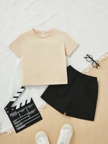 SHEIN 男孩圓領卡通印花休閒舒適塗鴉短袖和短褲套裝 - 黑色 - 查看 2