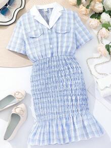 Teen Girl's Plaid Short Sleeve Turn-Down Collar Shirred Dress - Blue - View 1