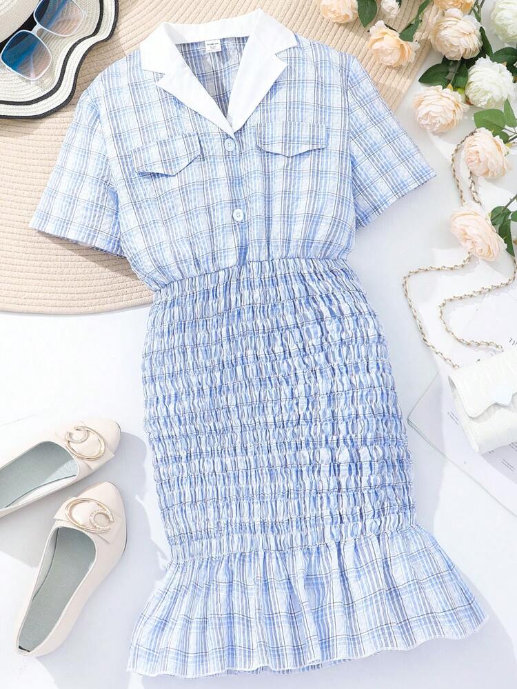Teen Girl's Plaid Short Sleeve Turn-Down Collar Shirred Dress