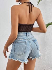 Chiquease Áo dệt kim không tay màu trơn khoét lỗ dành cho nữ, thích hợp cho các buổi hòa nhạc. - màu nâu - Xem 2