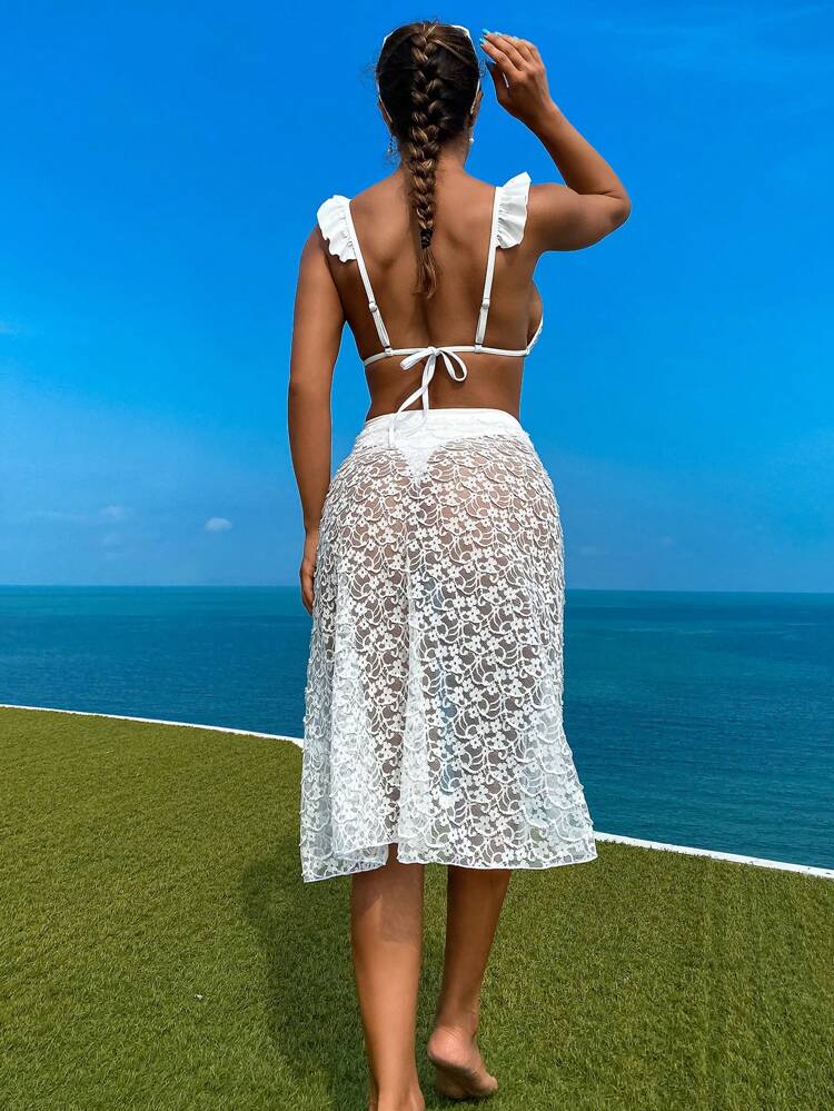 Women's Ruffle Strap Bikini Set With Cover-Up Skirt Summer