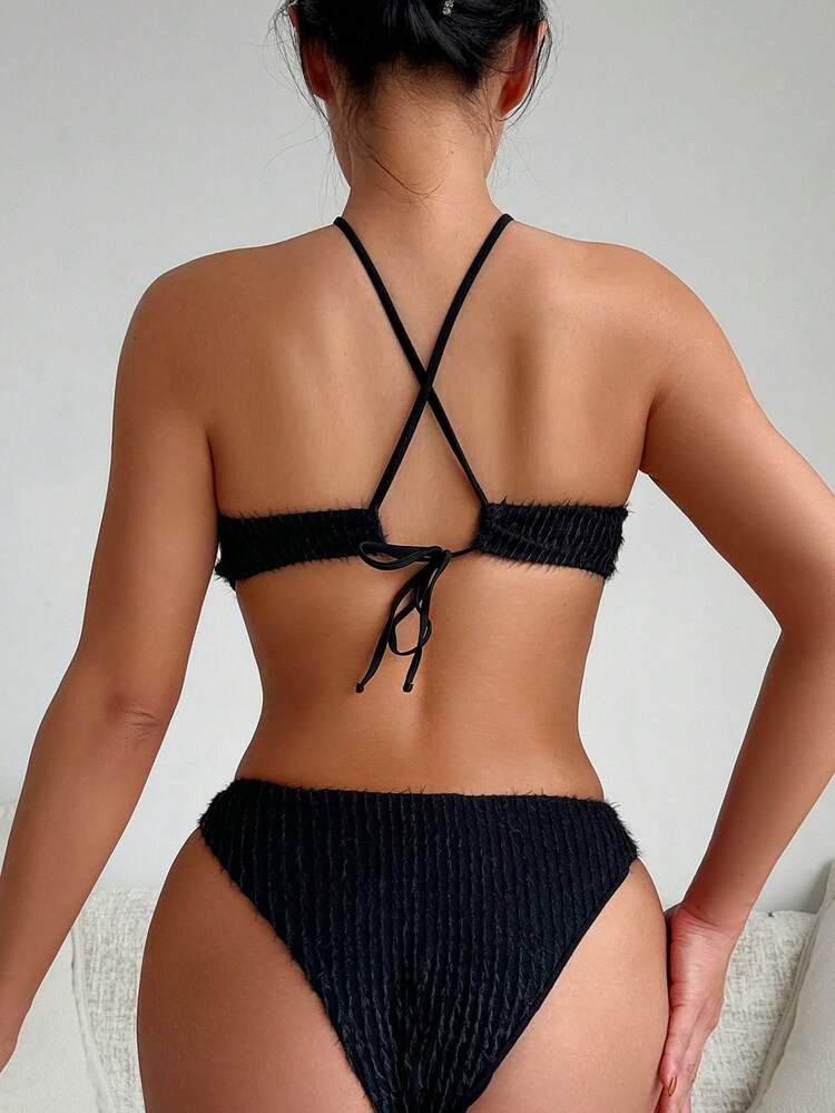 Solid Color Women's Halter Neck Cross Strap One-Piece Swimsuit Summer