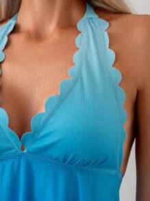 SHEIN Swim Summer Ladies' Shell Edge Gradient Halterneck Tankini, Two-Piece Swimwear - Blue - View 3