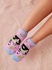 THE POWERPUFF GIRLS X SHEIN Women's 3 Pairs Cartoon Cute Breathable Soft Short Socks - Multicolor - View 5