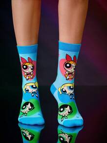 THE POWERPUFF GIRLS X SHEIN 2 Pairs Women's Cute Cartoon Sweat-Absorbent Blossom, Bubbles, Buttercup Pattern Soft Crew Socks, Day,Y 2 K - Multicolor - View 5
