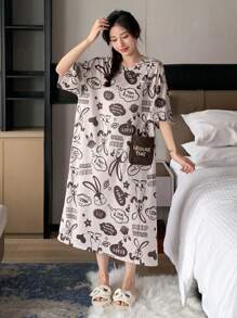 DAZY Women's Cute Cartoon Rabbit Pattern & Letter Print Pocket Design Loose Sleep Dress Summer, Moo Moo Sleep Dress Pajama - Beige - View 3