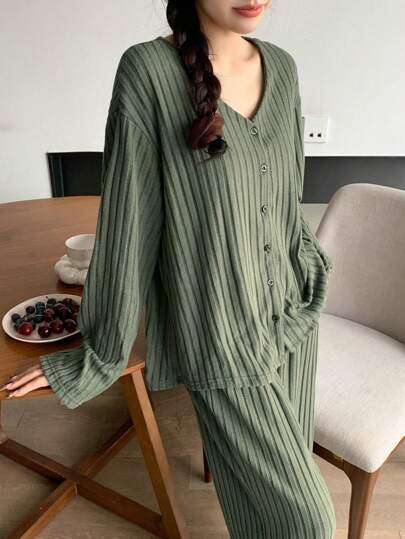 DAZY 简约磨毛罗纹V领家居服套装，秋冬睡衣，舒适套装