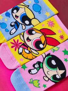 THE POWERPUFF GIRLS X SHEIN Women's 3 Pairs Cartoon Cute Breathable Soft Short Socks - Multicolor - View 3