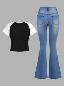 SHEIN Ensemble deux pièces t-shirt et jean évasé pour adolescentes avec motif étoilé et blocs de couleur