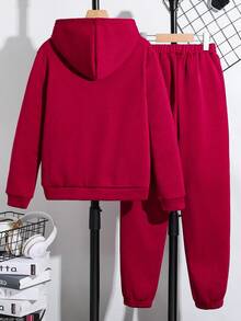 SHEIN 男大童字母貼布加絨內裏連帽衫和運動褲 - 酒紅色 - 查看 2