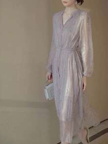 Abito Donna Con Maniche A Lanterna In Maglia Stampata Floreale E Vita Raccolta