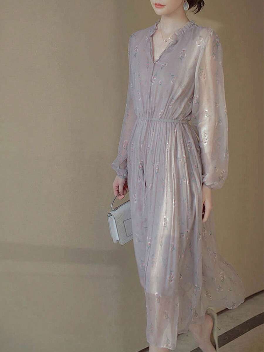 Abito Donna Con Maniche A Lanterna In Maglia Stampata Floreale E Vita Raccolta