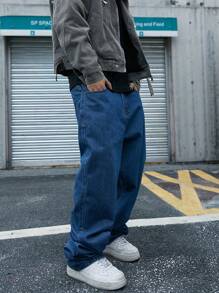 Manfinity EMRG 男士牛仔裤，带侧袋，纯色深蓝色长款宽松深色洗水牛仔裤，洗水工装牛仔裤，适合送给丈夫、男朋友的礼物