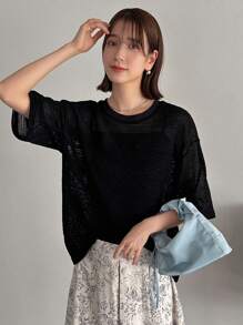 FRIFUL Ladies' Hollow Out & Drop Shoulder Top - Black - View 1
