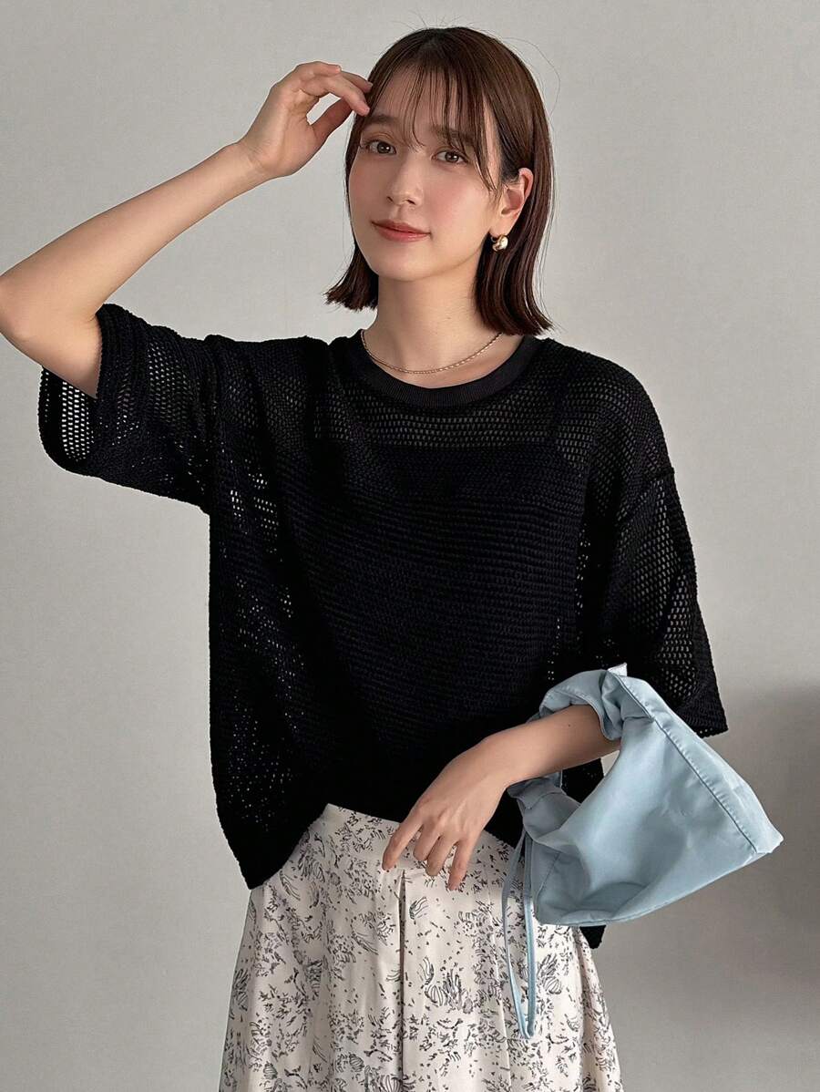 FRIFUL Ladies' Hollow Out & Drop Shoulder Top - Black - View 1
