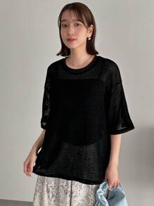 FRIFUL Ladies' Hollow Out & Drop Shoulder Top - Black - View 3