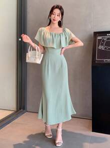 DAZY Vestido de tubo con escote cuadrado, volantes y bajo tipo cola de sirena para mujer - verde menta - Ver 6