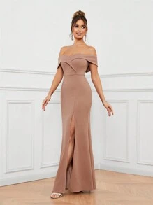 SHEIN Belle Màu thuần Dài Đầm Với Mở Khe Và Off Shoulder Dây đeo - Bụi hồng - Xem 7