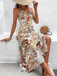 SHEIN VCAY 夏季女士佩斯利印花挂脖连衣裙 - 彩色 - 查看 3